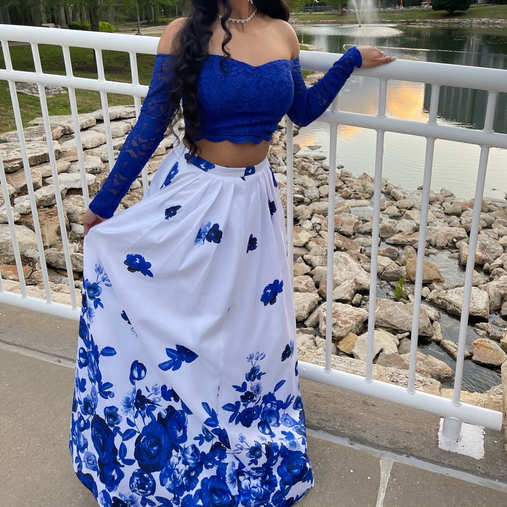 Royal blue and white two piece prom dress